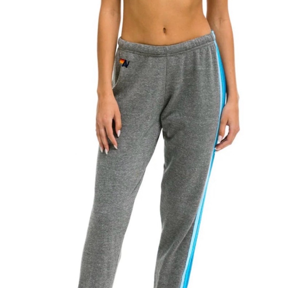 Aviator Nation Gray Sweatpants with Blue Side Stripe and xs Multicolor Logo